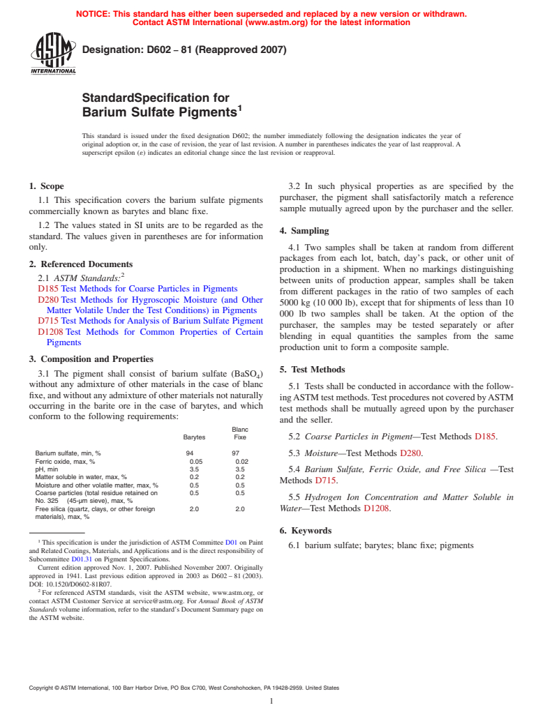 ASTM D602-81(2007) - Standard Specification for Barium Sulfate Pigments