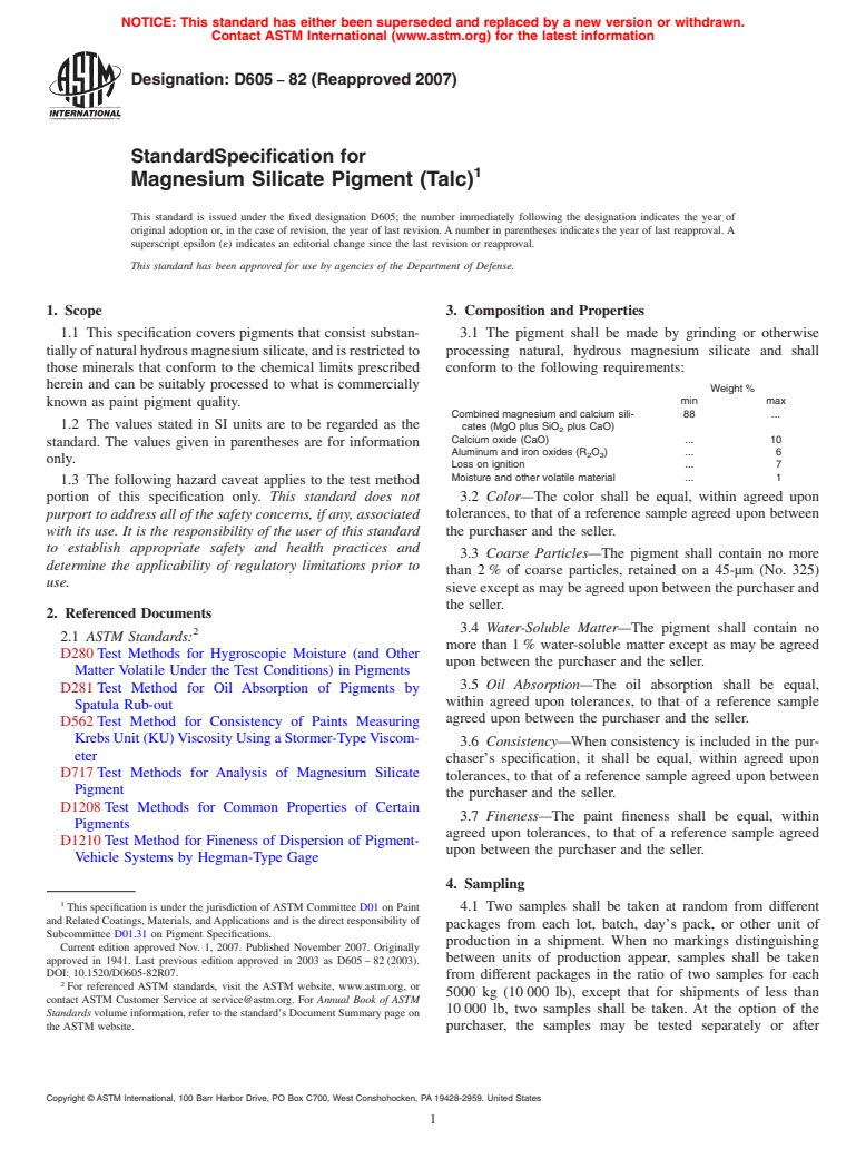 ASTM D605-82(2007) - Standard Specification for Magnesium Silicate Pigment (Talc)