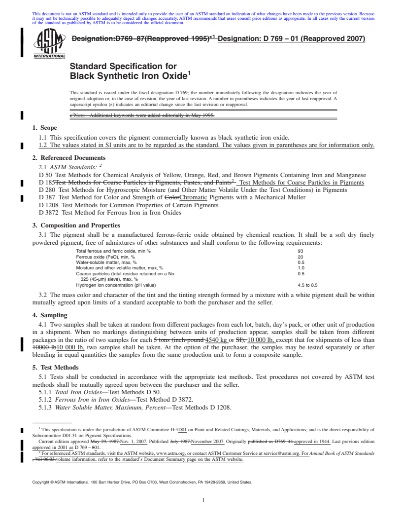 REDLINE ASTM D769-01(2007) - Standard Specification for Black Synthetic Iron Oxide