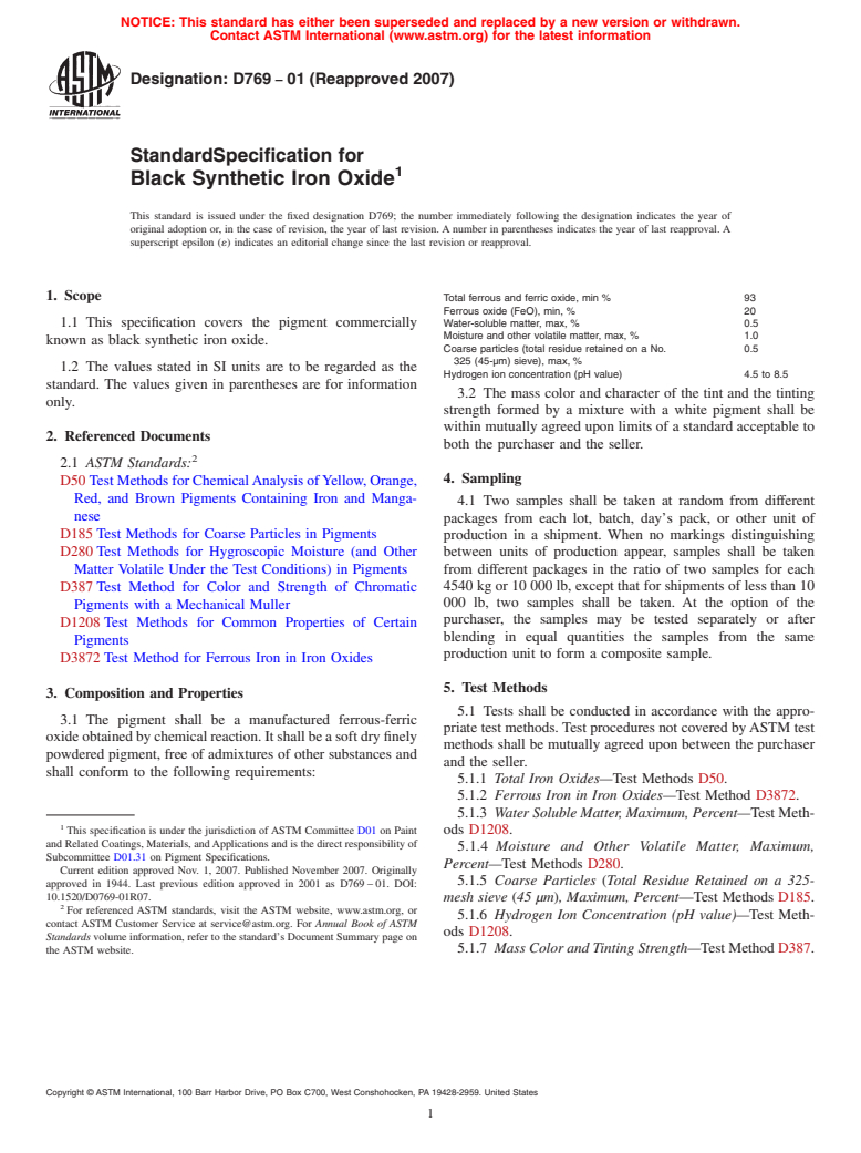 ASTM D769-01(2007) - Standard Specification for Black Synthetic Iron Oxide