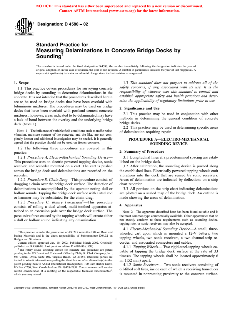 ASTM D4580-02 - Standard Practice for Measuring Delaminations in Concrete Bridge Decks by Sounding