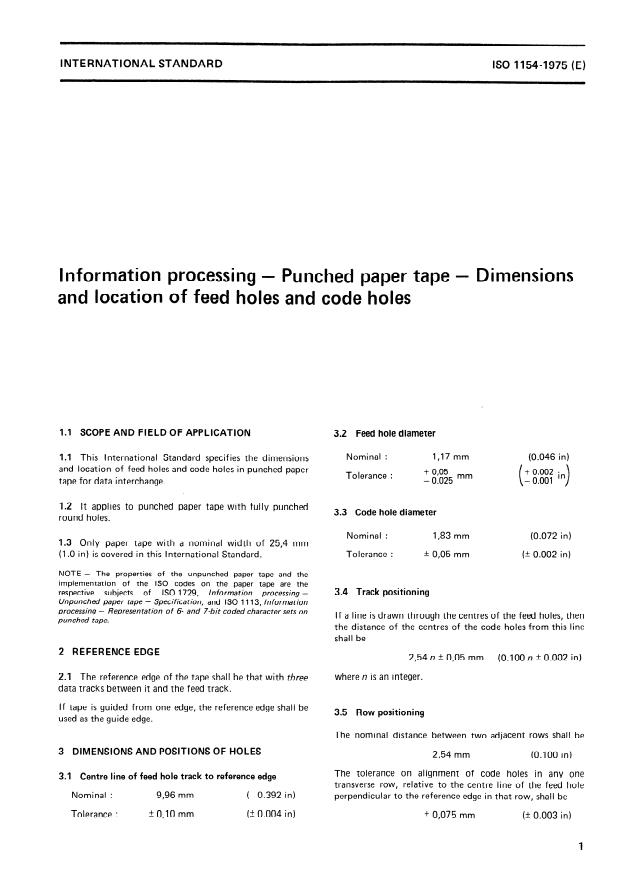ISO 1154:1975 - Information processing -- Punched paper tape -- Dimensions and location of feed holes and code holes