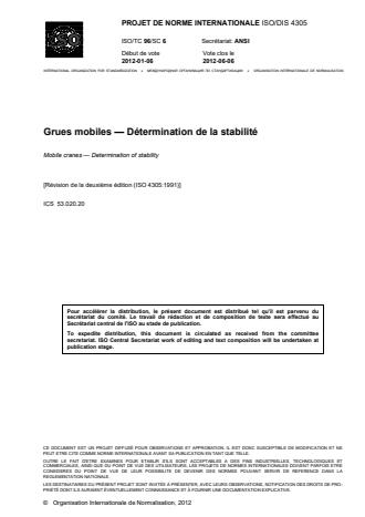 ISO 4305:2014 - Grues mobiles -- Détermination de la stabilité