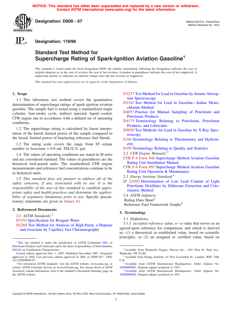 ASTM D909-07 - Standard Test Method Supercharge Rating of Spark-Ignition Aviation Gasoline