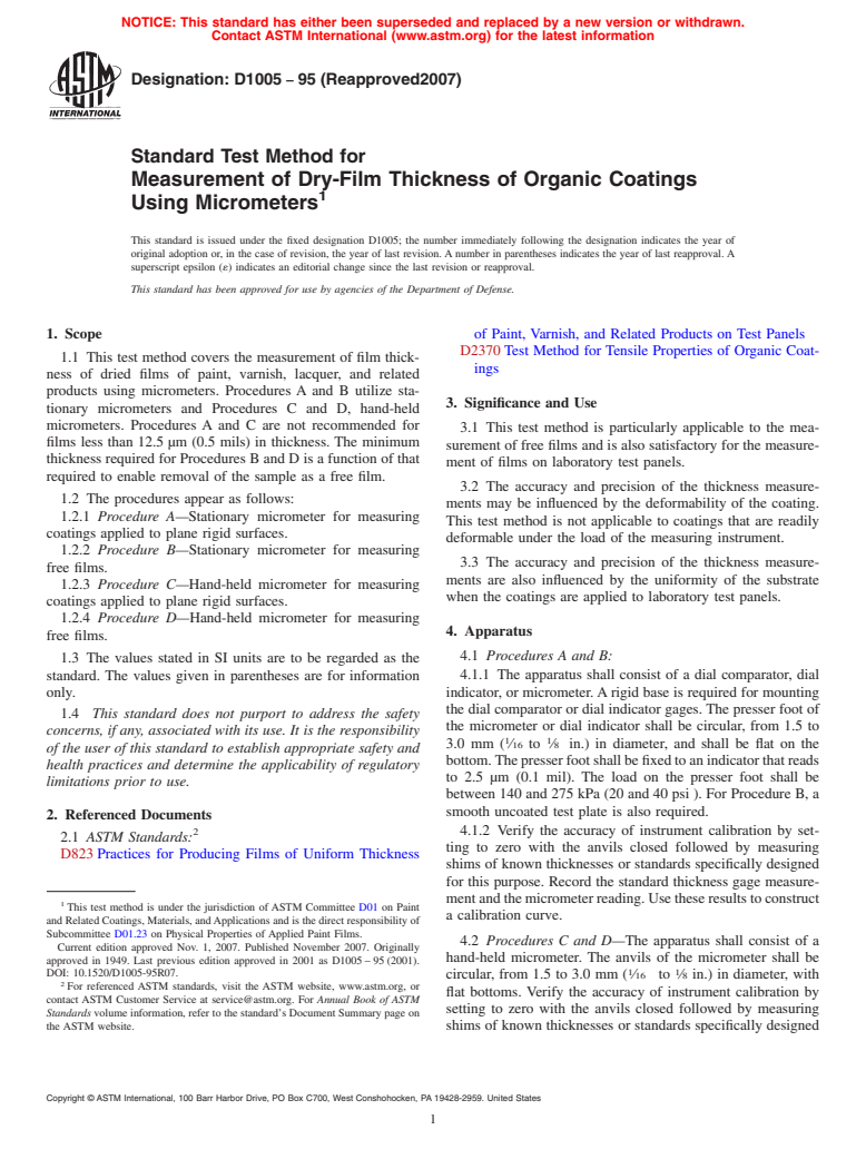 ASTM D1005-95(2007) - Standard Test Method for Measurement of Dry-Film Thickness of Organic Coatings Using Micrometers