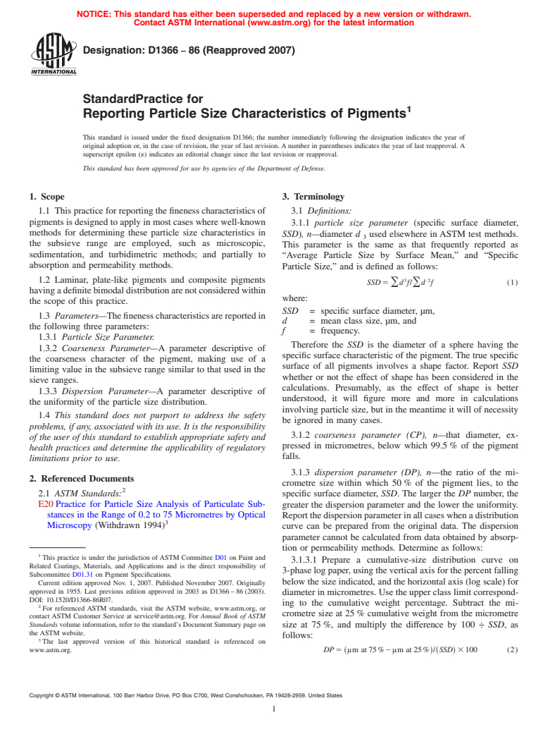 ASTM D1366-86(2007) - Standard Practice for Reporting Particle Size Characteristics of Pigments