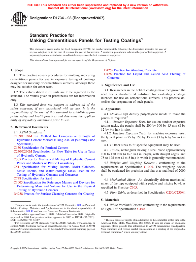 ASTM D1734-93(2007) - Standard Practice for Making Cementitious Panels for Testing Coatings