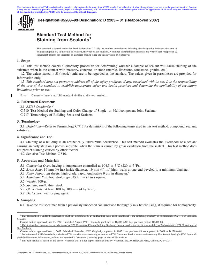 REDLINE ASTM D2203-01(2007) - Standard Test Method for Staining from Sealants