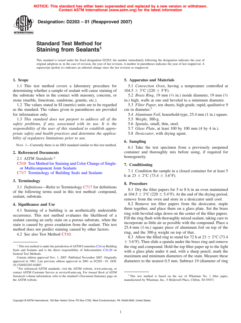 ASTM D2203-01(2007) - Standard Test Method for Staining from Sealants