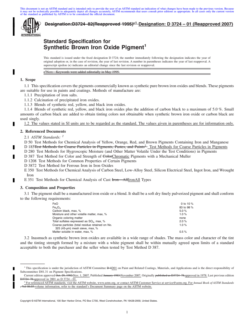 REDLINE ASTM D3724-01(2007) - Standard Specification for Synthetic Brown Iron Oxide Pigment