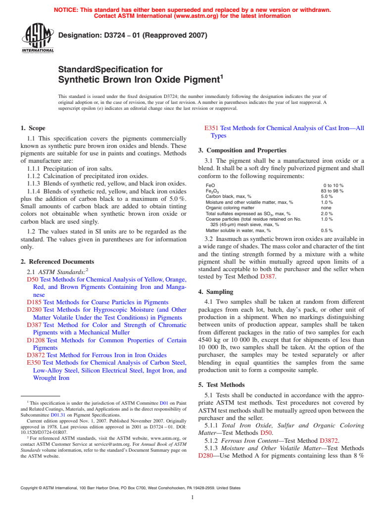 ASTM D3724-01(2007) - Standard Specification for Synthetic Brown Iron Oxide Pigment