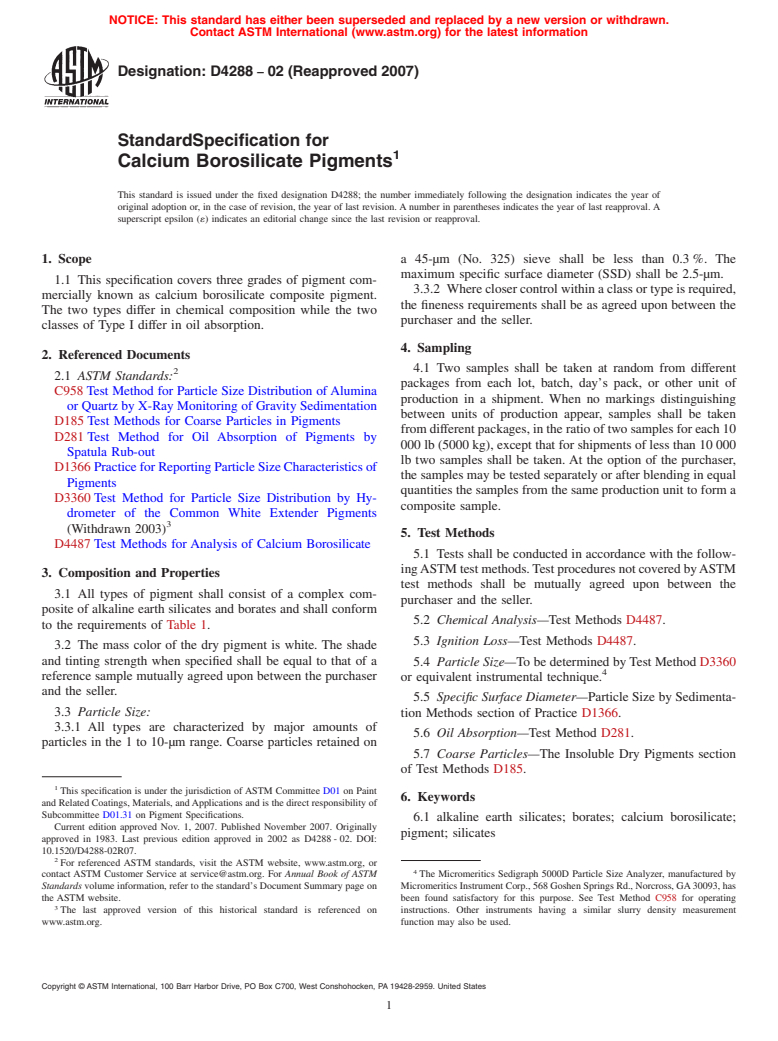 ASTM D4288-02(2007) - Standard Specification for Calcium Borosilicate Pigments