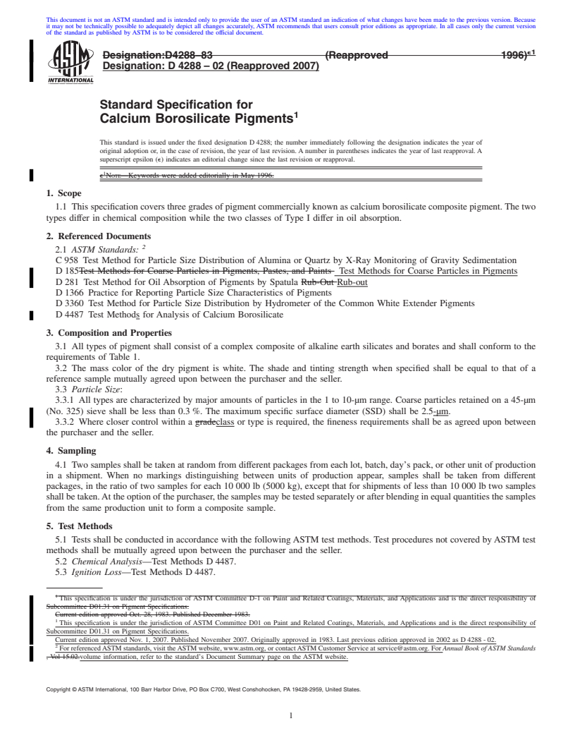 REDLINE ASTM D4288-02(2007) - Standard Specification for Calcium Borosilicate Pigments