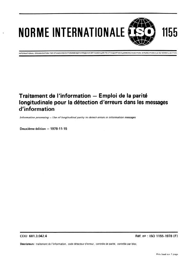 ISO 1155:1978 - Traitement de l'information -- Emploi de la parité longitudinale pour la détection d'erreurs dans les messages d'information
