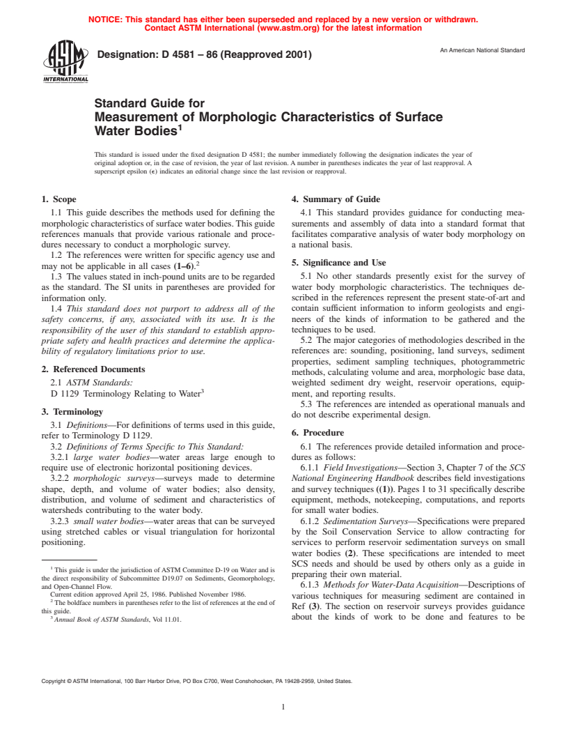 ASTM D4581-86(2001) - Standard Guide for Measurement of Morphologic Characteristics of Surface Water Bodies