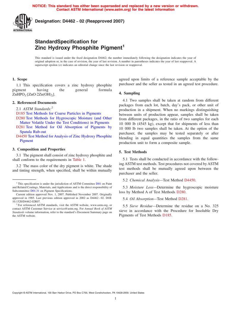ASTM D4462-02(2007) - Standard Specification for Zinc Hydroxy Phosphite Pigment