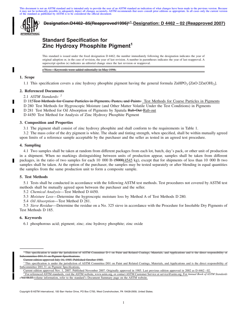 REDLINE ASTM D4462-02(2007) - Standard Specification for Zinc Hydroxy Phosphite Pigment