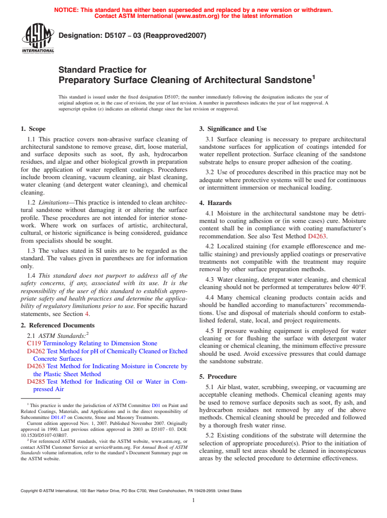 ASTM D5107-03(2007) - Standard Practice for Preparatory Surface Cleaning of Architectural Sandstone