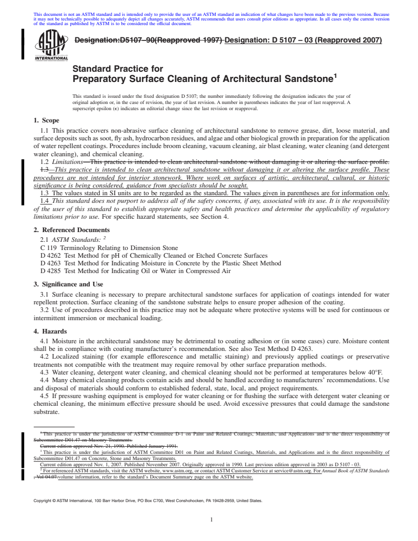 REDLINE ASTM D5107-03(2007) - Standard Practice for Preparatory Surface Cleaning of Architectural Sandstone