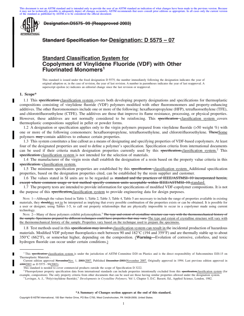 REDLINE ASTM D5575-07 - Standard Classification System for Copolymers of Vinylidene Fluoride (VDF) with Other Fluorinated Monomers