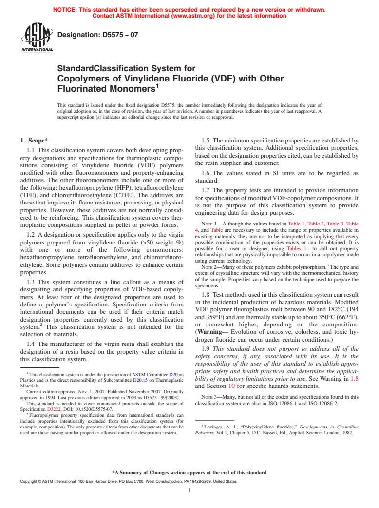 ASTM D5575-07 - Standard Classification System for Copolymers of Vinylidene Fluoride (VDF) with Other Fluorinated Monomers