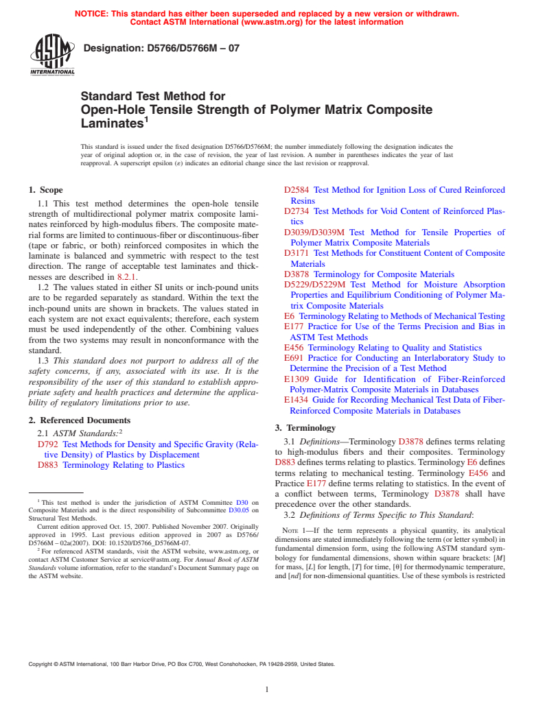 ASTM D5766/D5766M-07 - Standard Test Method for Open-Hole Tensile Strength of Polymer Matrix Composite Laminates