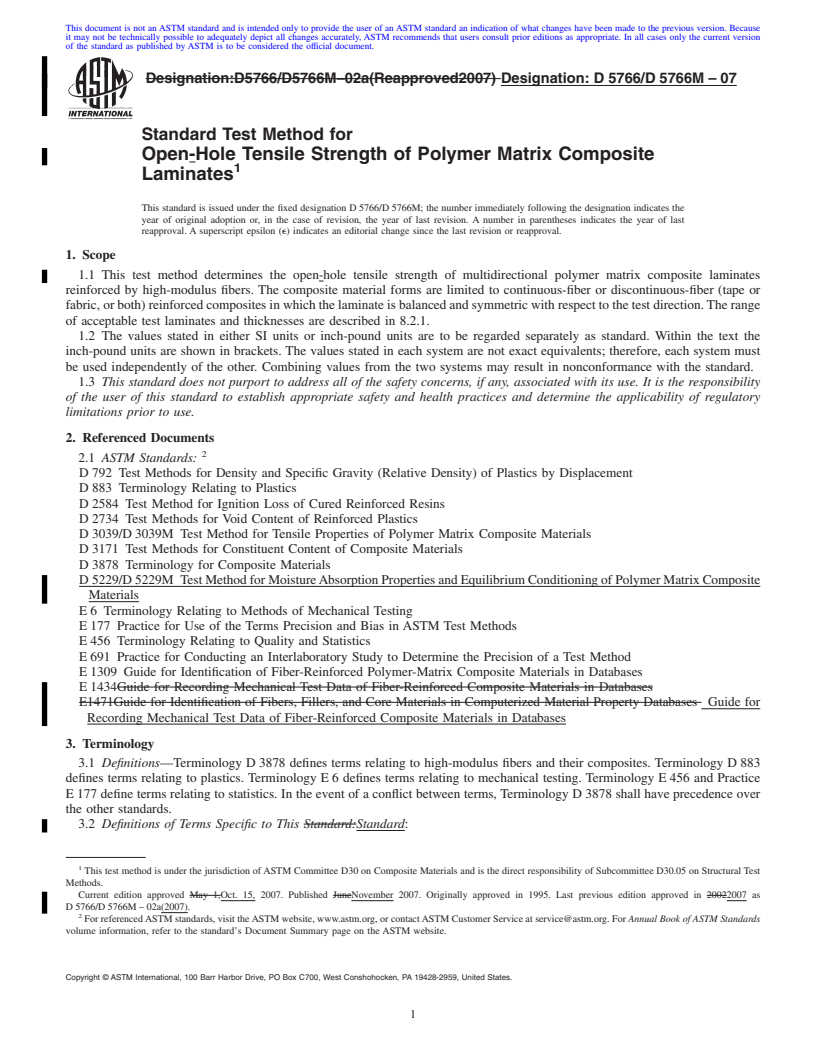 REDLINE ASTM D5766/D5766M-07 - Standard Test Method for Open-Hole Tensile Strength of Polymer Matrix Composite Laminates