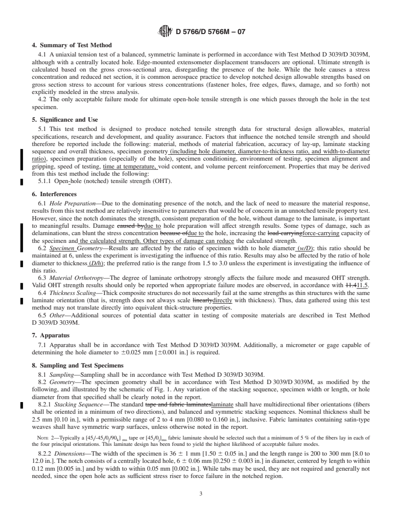 REDLINE ASTM D5766/D5766M-07 - Standard Test Method for Open-Hole Tensile Strength of Polymer Matrix Composite Laminates