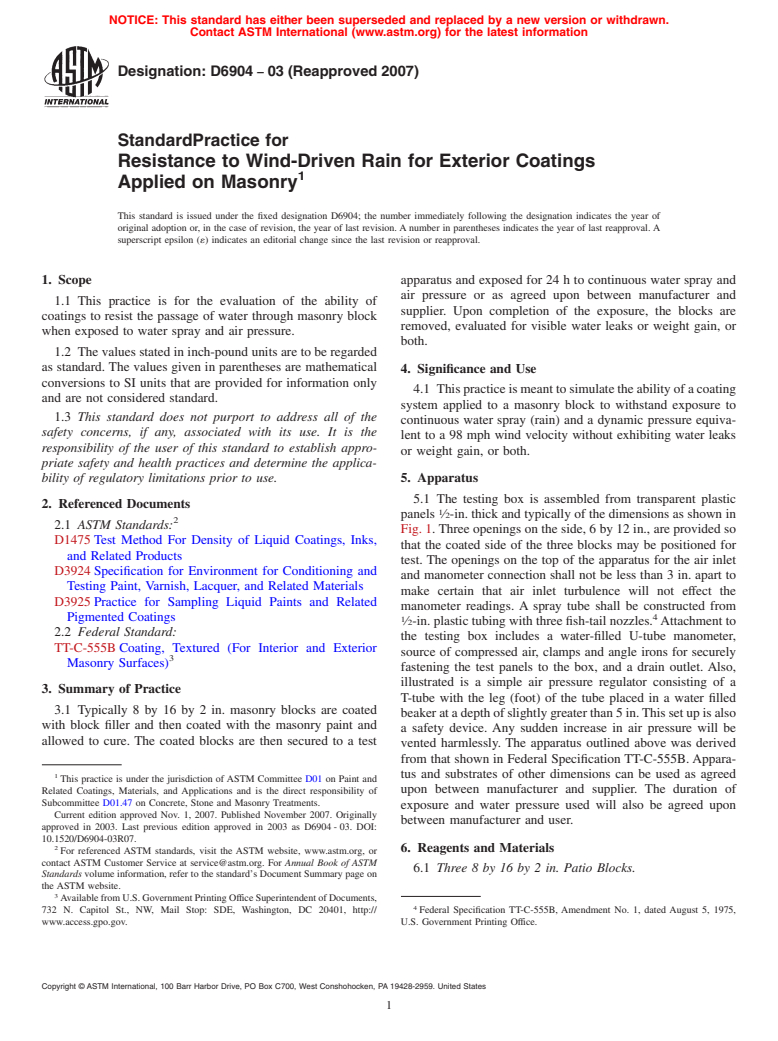 ASTM D6904-03(2007) - Standard Practice for Resistance to Wind-Driven Rain for Exterior Coatings Applied on Masonry