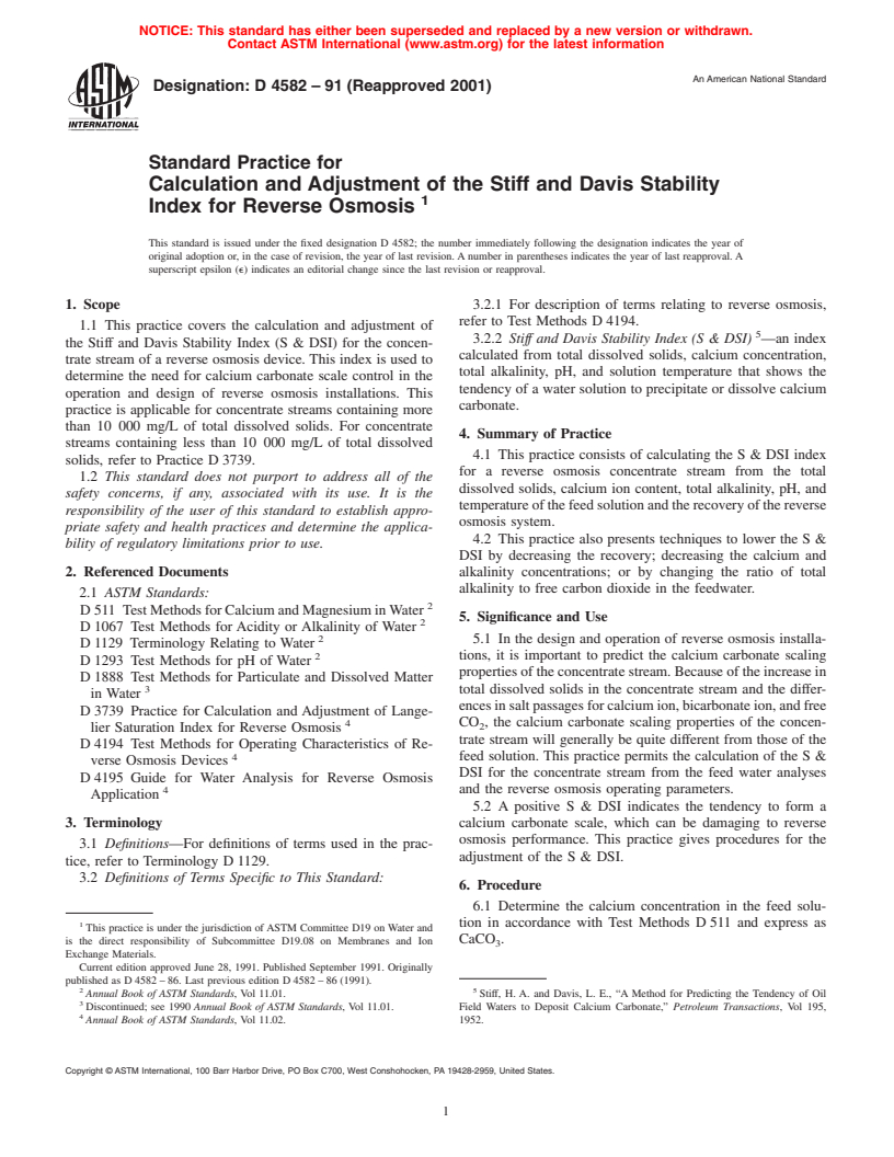 ASTM D4582-91(2001) - Standard Practice for Calculation and Adjustment of the Stiff and Davis Stability Index for Reverse Osmosis