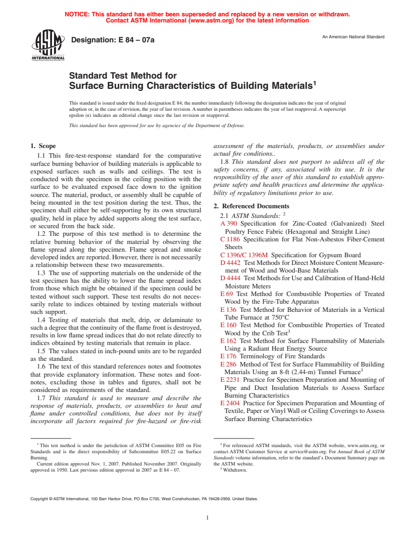 ASTM E84-07a - Standard Test Method for Surface Burning Characteristics of Building Materials