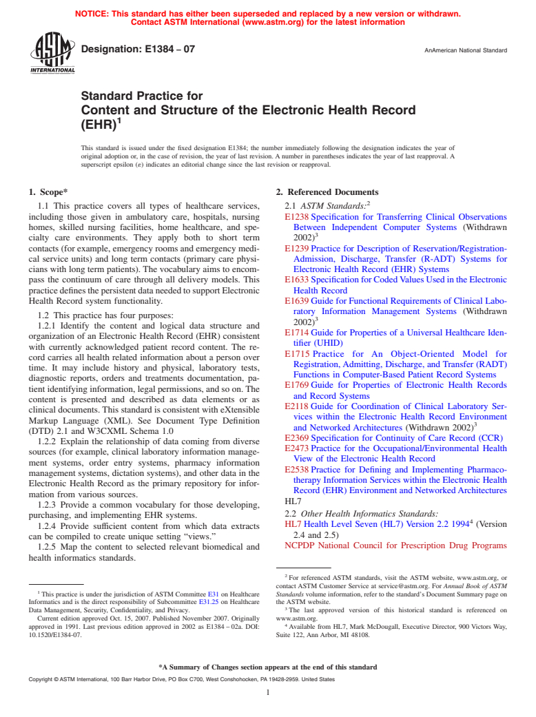 ASTM E1384-07 - Standard Practice for Content and Structure of the Electronic Health Record (EHR)