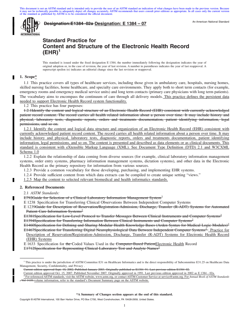 REDLINE ASTM E1384-07 - Standard Practice for Content and Structure of the Electronic Health Record (EHR)