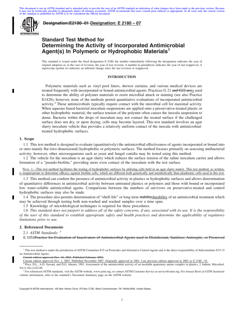 REDLINE ASTM E2180-07 - Standard Test Method for Determining the Activity of Incorporated Antimicrobial Agent(s) In Polymeric or Hydrophobic Materials