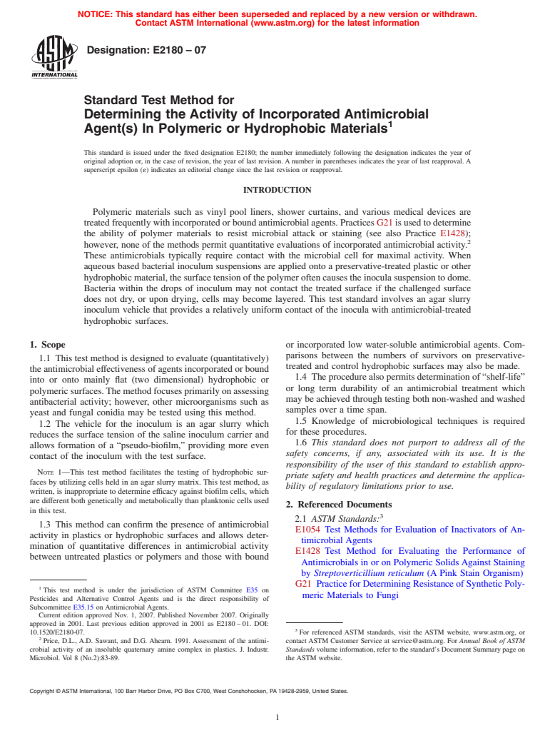 ASTM E2180-07 - Standard Test Method for Determining the Activity of Incorporated Antimicrobial Agent(s) In Polymeric or Hydrophobic Materials