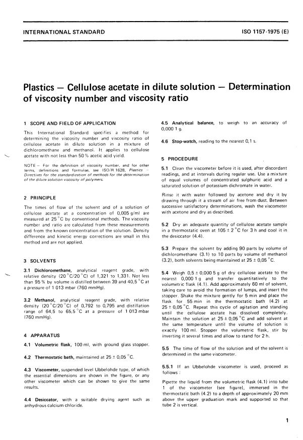 ISO 1157:1975 ISO 1157:1975 - Plastics -- Cellulose acetate in dilute solution -- Determination of viscosity number and viscosity ratio - Page 3 preview