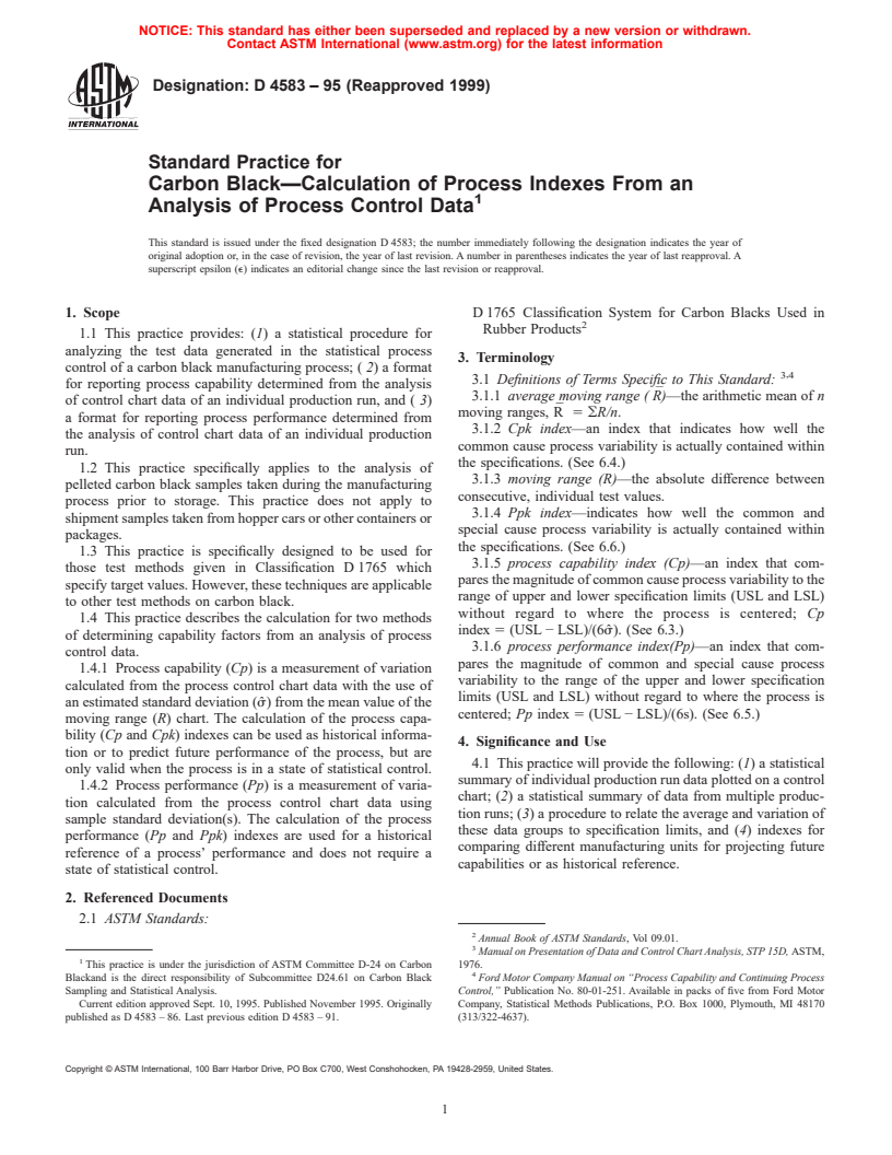 ASTM D4583-95(1999) - Standard Practice for Carbon Black-Calculation of Process Indexes From an Analysis of Process Control Data