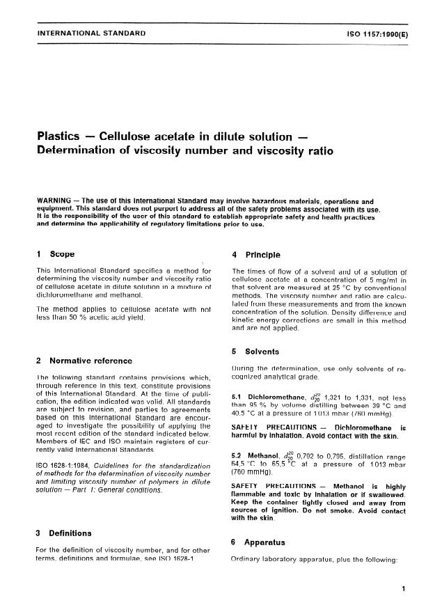 ISO 1157:1990 ISO 1157:1990 - Plastics -- Cellulose acetate in dilute solution -- Determination of viscosity number and viscosity ratio - Page 3 preview
