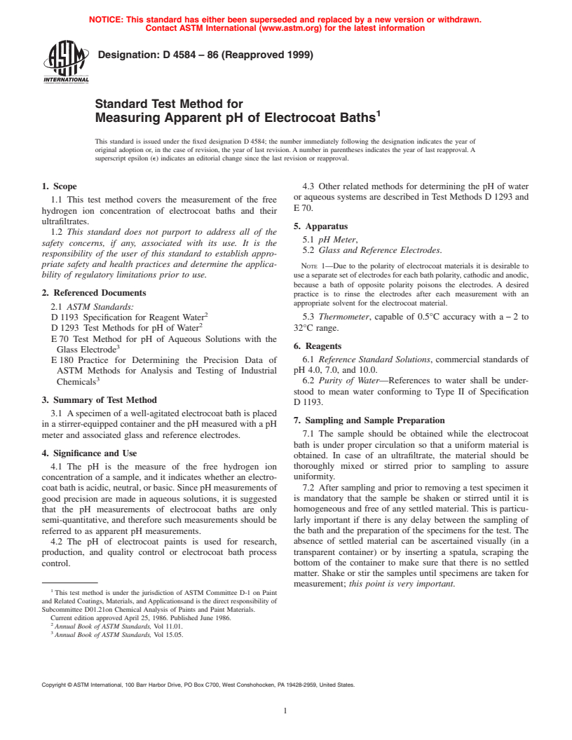 ASTM D4584-86(1999) - Standard Test Method for Measuring Apparent pH of Electrocoat Baths