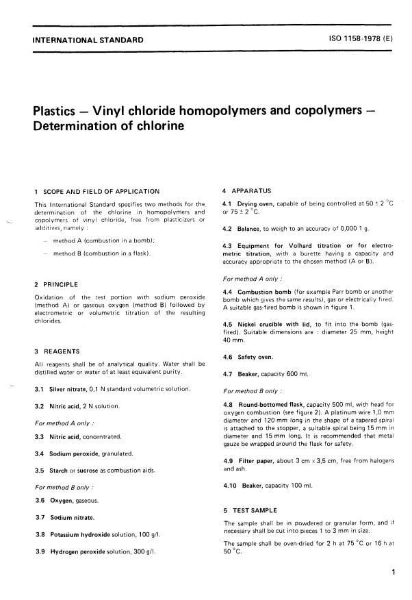 ISO 1158:1978 - Plastics -- Vinyl chloride homopolymers and copolymers -- Determination of chlorine