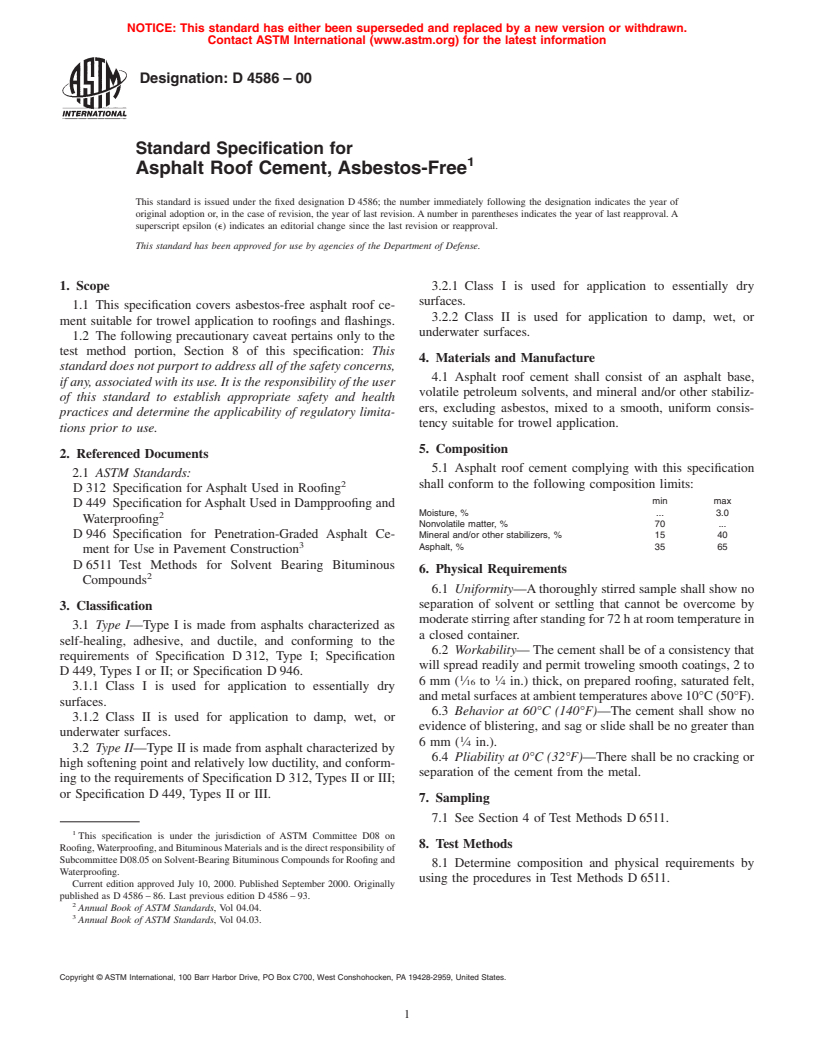 ASTM D4586-00 - Standard Specification for Asphalt Roof Cement, Asbestos-Free