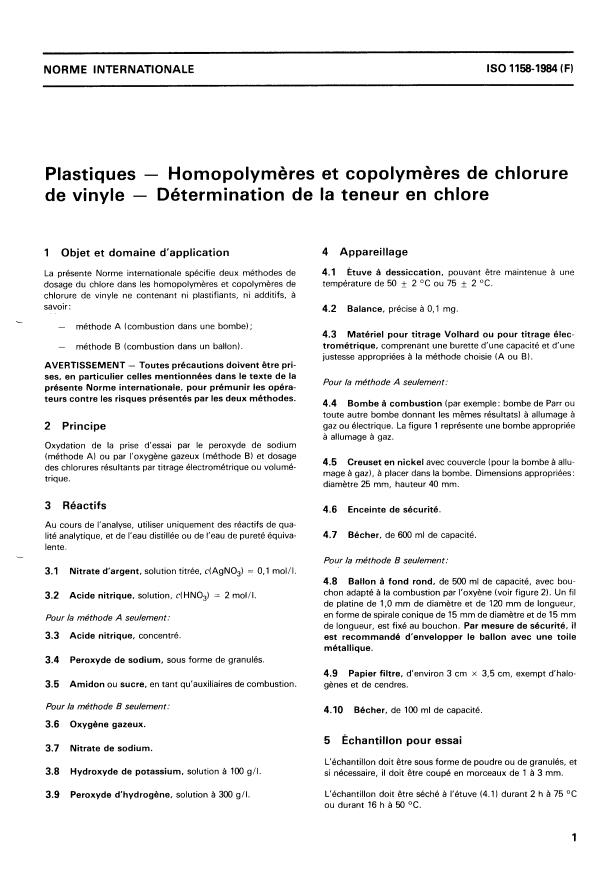ISO 1158:1984 - Plastiques -- Homopolymeres et copolymeres de chlorure de vinyle -- Détermination de la teneur en chlore