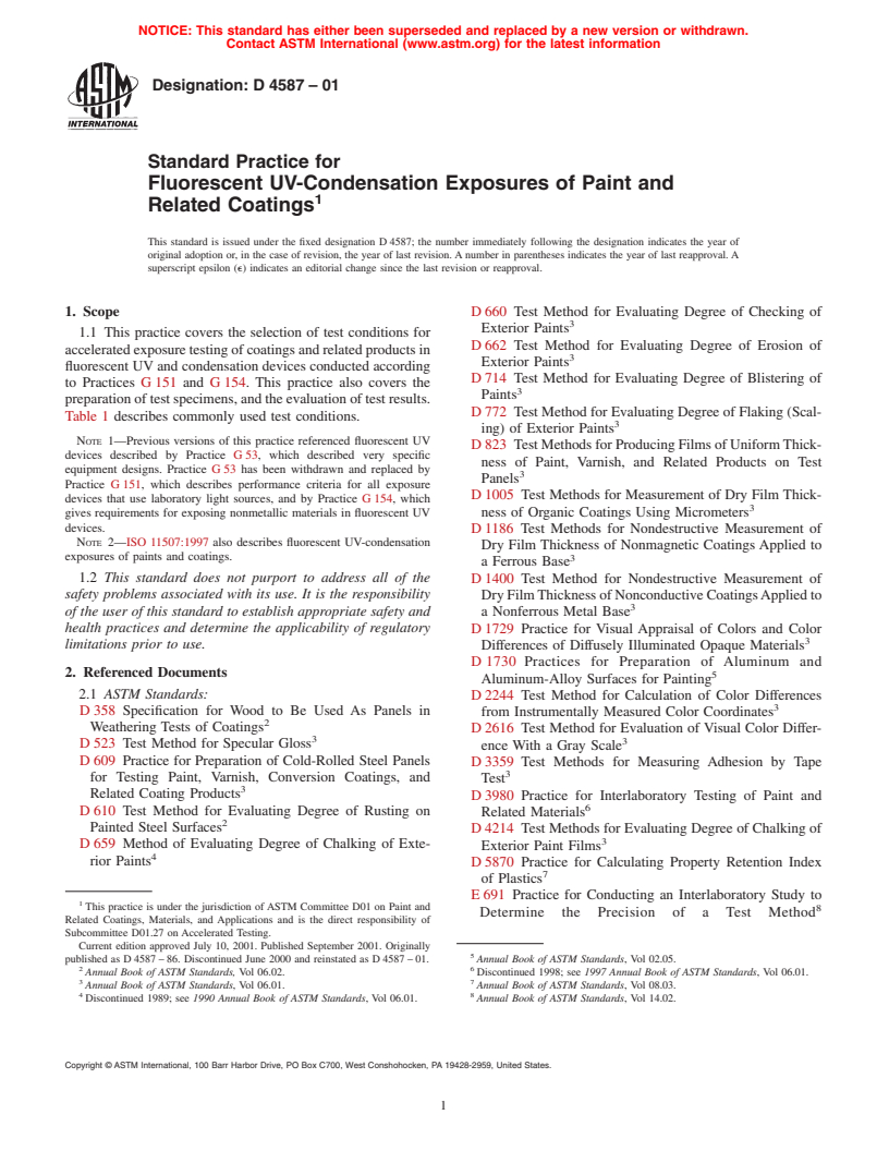 ASTM D4587-01 - Standard Practice for Fluorescent UV-Condensation Exposures of Paint and Related Coatings