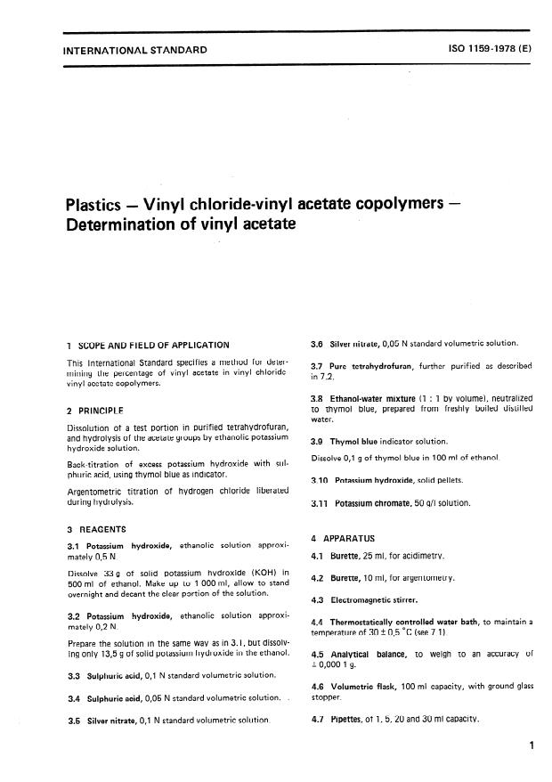 ISO 1159:1978 - Plastics -- Vinyl chloride-vinyl acetate copolymers -- Determination of vinyl acetate