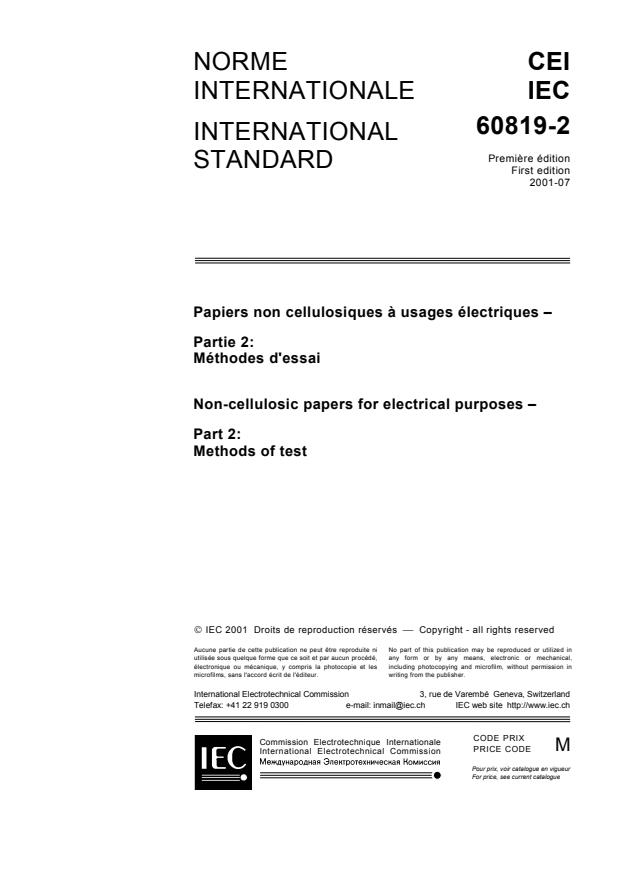 IEC 60819-2:2001 - Non-cellulosic papers for electrical purposes - Part 2: Methods of test