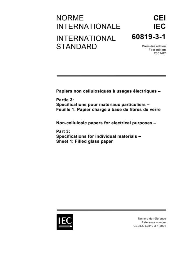 IEC 60819-3-1:2001 - Non-cellulosic papers for electrical purposes - Part 3: Specifications for individual materials - Sheet 1: Filled glass paper