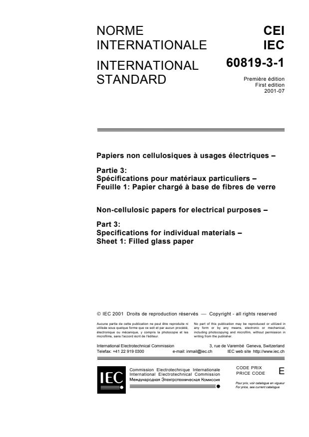 IEC 60819-3-1:2001 - Non-cellulosic papers for electrical purposes - Part 3: Specifications for individual materials - Sheet 1: Filled glass paper