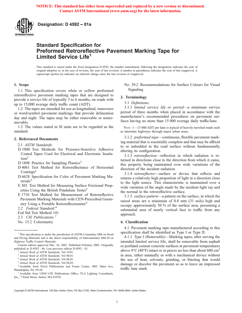 ASTM D4592-01a - Standard Specification for Preformed Retroreflective Pavement Marking Tape for Limited Service Life