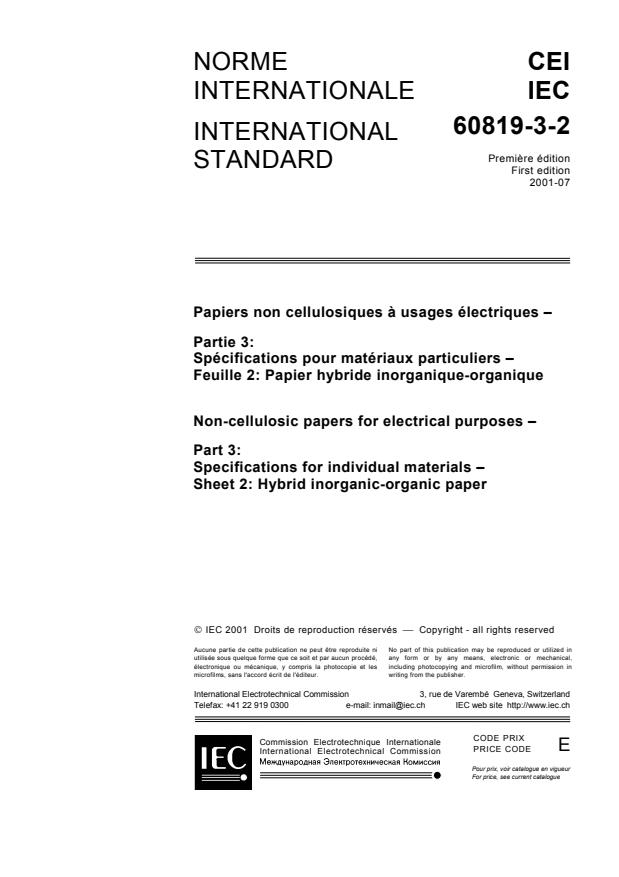 IEC 60819-3-2:2001 - Non-cellulosic papers for electrical purposes - Part 3: Specifications for individual materials - Sheet 2: Hybrid inorganic-organic paper