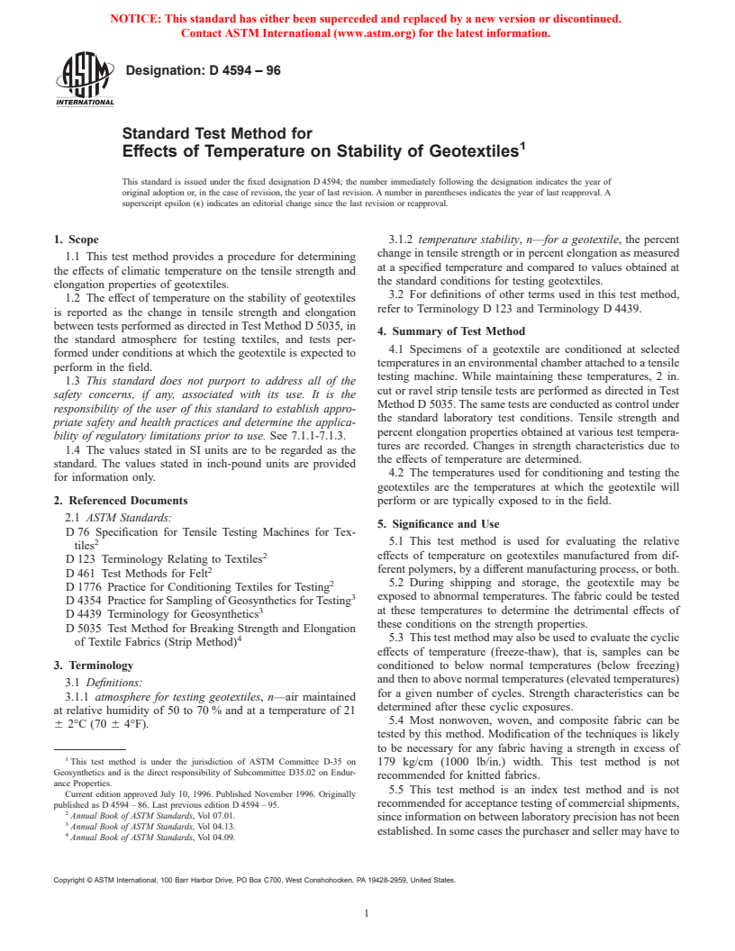 ASTM D4594-96 - Standard Test Method for Effects of Temperature on Stability of Geotextiles